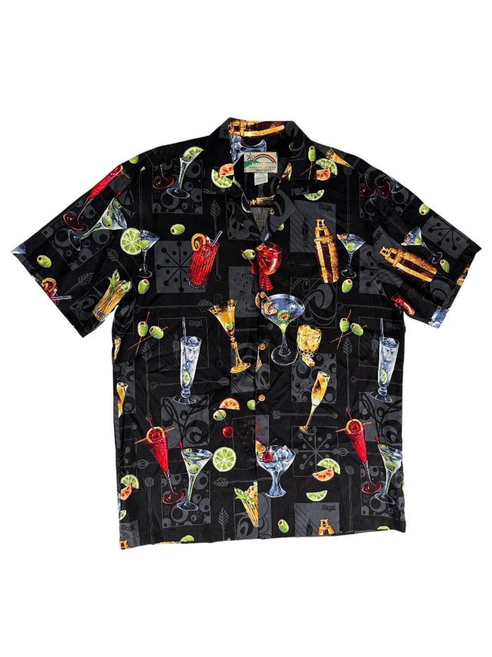 VTG 90s PARADISE FOUND Hawaiian Button Up HAPPY HOUR Cocktail Print Mens